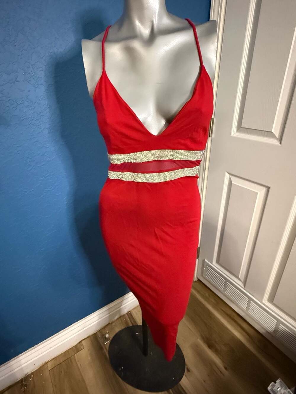 GLARE Red Rhinestone Cutout Bodycon Midi Dress Criss Cross Back Y2K Party